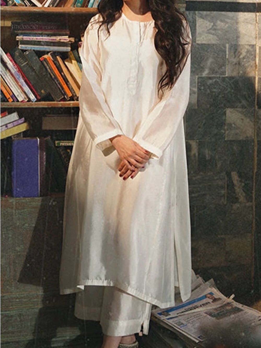 Pakistani Women's Long Sleeve White Midi Dress with Button Front and pants